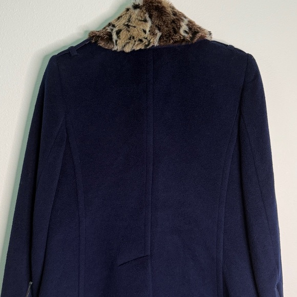 Rebecca Taylor Navy Wool Coat w/ Faux Fur Leopard Collar | Size - Picture 9 of 10